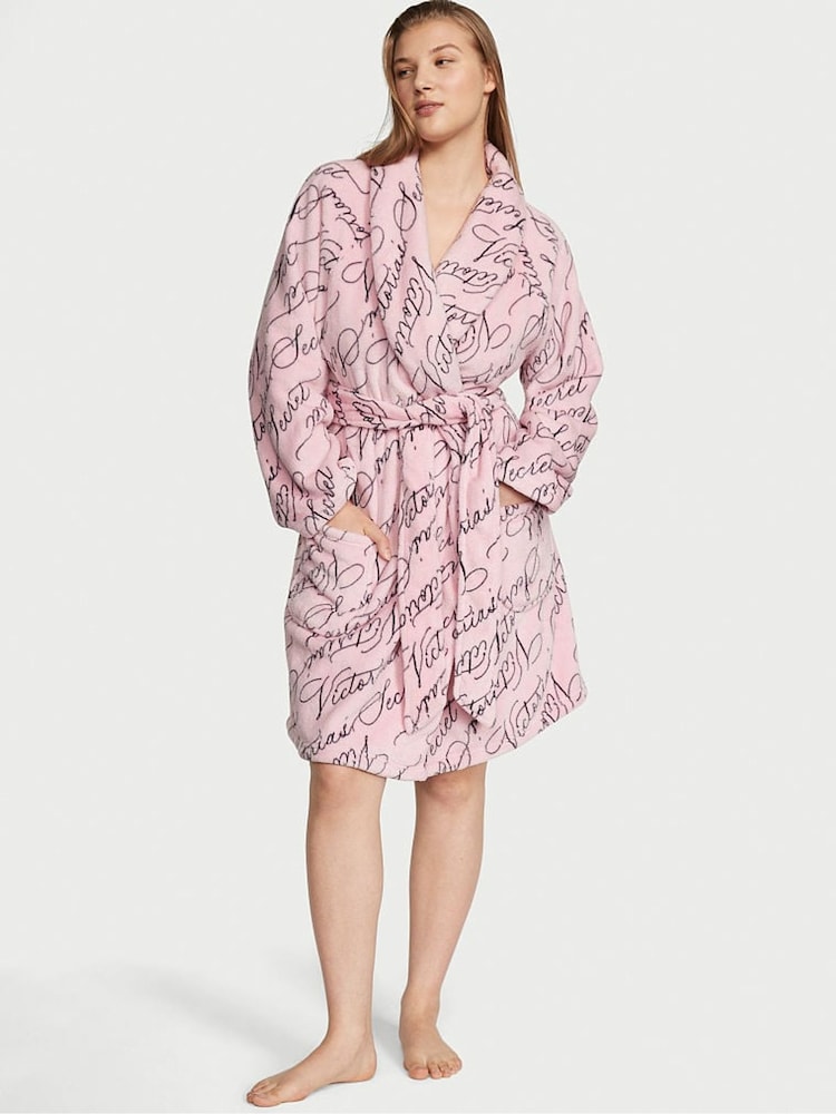 Victoria's Secret Pretty Blossom Pink Logo Cosy Short Dressing Gown - Image 1 of 3