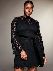 Lipsy Black Curve Long Sleeve Lace Detail Shift Mini Dress - Image 1 of 4