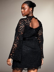 Lipsy Black Curve Long Sleeve Lace Detail Shift Mini Dress - Image 2 of 4