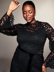 Lipsy Black Curve Long Sleeve Lace Detail Shift Mini Dress - Image 4 of 4