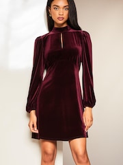Lipsy Berry Red Velvet Long Sleeve High Neck Key Hole Mini Dress - Image 1 of 3