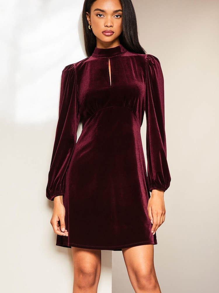 Lipsy Berry Red Velvet Long Sleeve High Neck Key Hole Mini Dress - Image 1 of 3