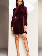 Lipsy Berry Red Velvet Long Sleeve High Neck Key Hole Mini Dress - Image 2 of 3
