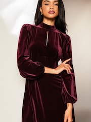 Lipsy Berry Red Velvet Long Sleeve High Neck Key Hole Mini Dress - Image 3 of 3