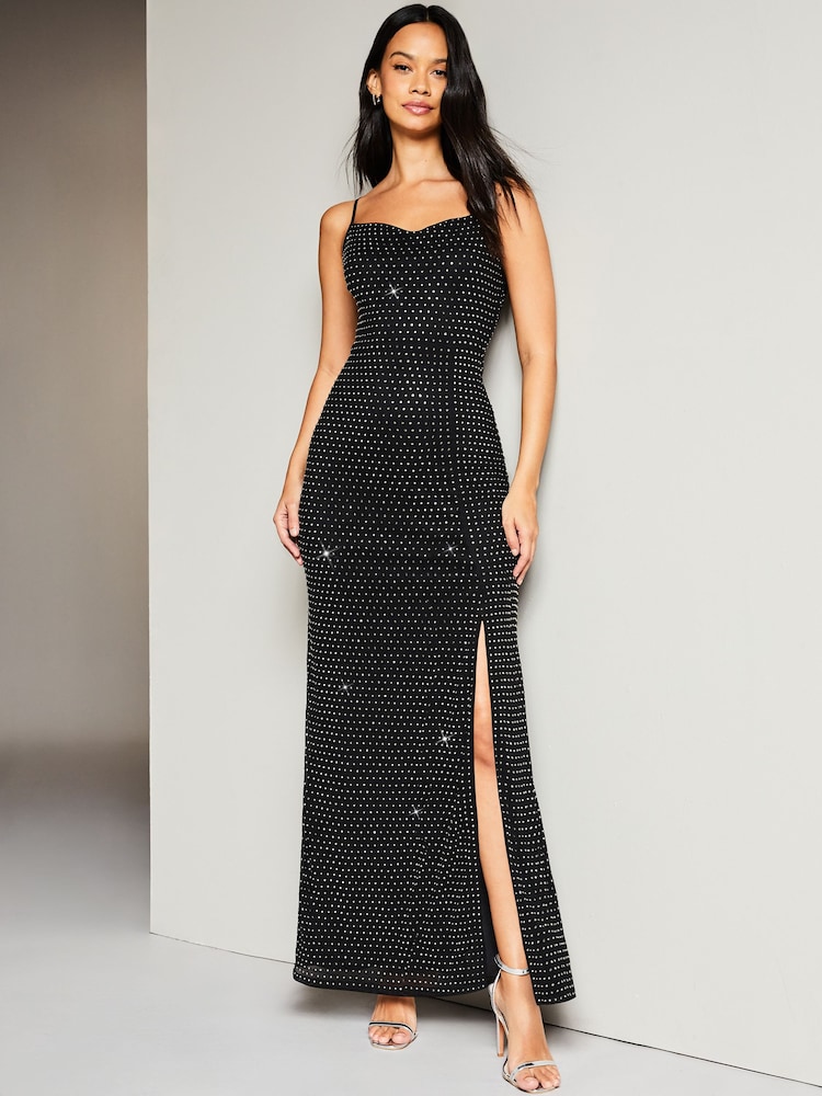 Lipsy Black Cami Cowlneck Hotfix Maxi Dress - Image 1 of 4