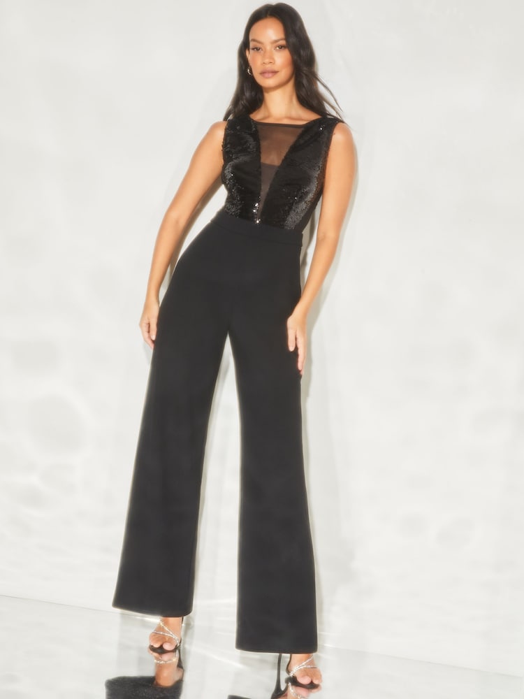 Lipsy Black Sleeveless Sequin Mesh Plunge Wide Leg Jumpsuit - Image 1 of 3