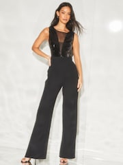 Lipsy Black Sleeveless Sequin Mesh Plunge Wide Leg Jumpsuit - Image 2 of 3