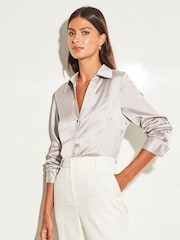 Lipsy Silver Satin Button Through Shirt - Image 1 of 4