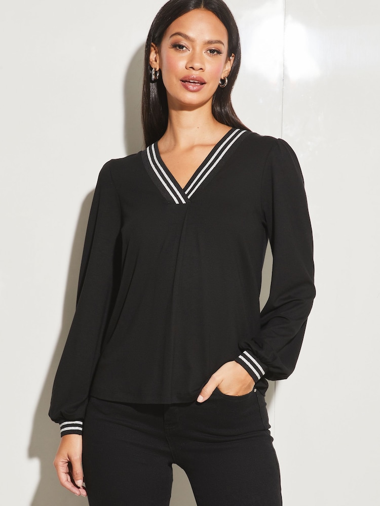 Lipsy Black V Neck Trim Long Sleeve Top - Image 1 of 4 Lipsy Black V Neck Trim Long Sleeve Top - Image 1 of 4