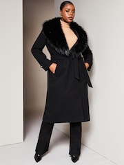 Lipsy Black Curve Faux Fur Collar Belted Longline Wrap Coat - Image 1 of 4