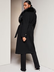 Lipsy Black Curve Faux Fur Collar Belted Longline Wrap Coat - Image 2 of 4