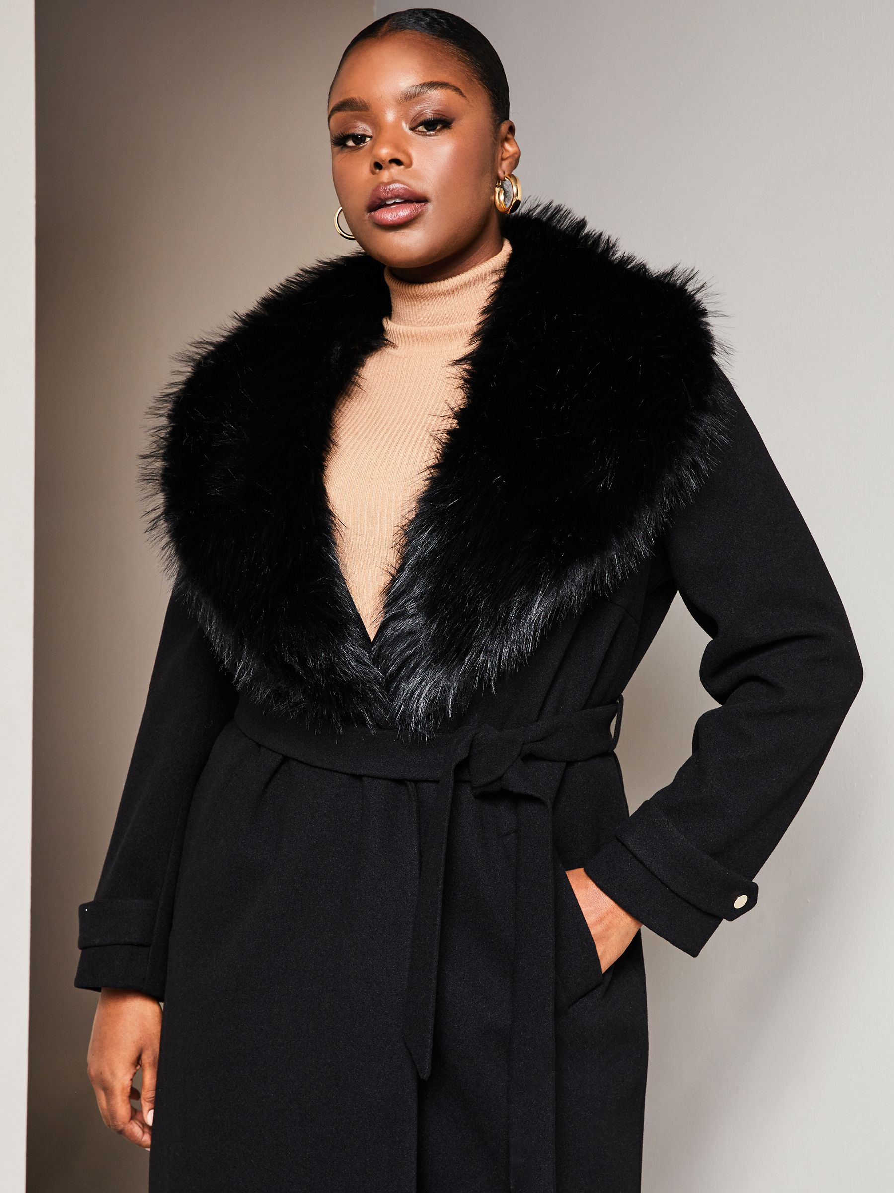 Wrap coat with fur collar discount