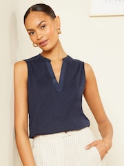 Love & Roses Navy Blue Woven Trim V Neck Slub Jersey Vest - Image 1 of 4