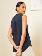 Love & Roses Navy Blue Woven Trim V Neck Slub Jersey Vest - Image 3 of 4