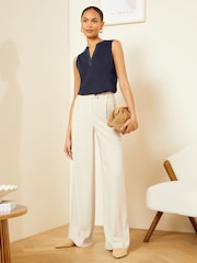 Love & Roses Navy Blue Woven Trim V Neck Slub Jersey Vest - Image 4 of 4