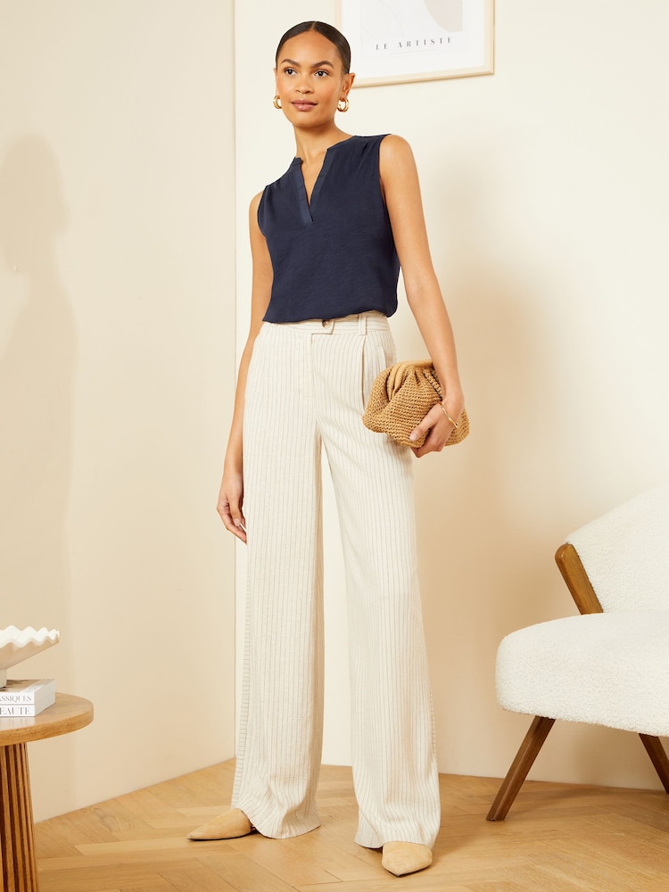 Love & Roses Navy Blue Woven Trim V Neck Slub Jersey Vest - Image 4 of 4