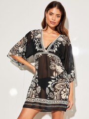 Lipsy Black/White Printed V Neck Cover Up Kaftan - Image 1 of 4