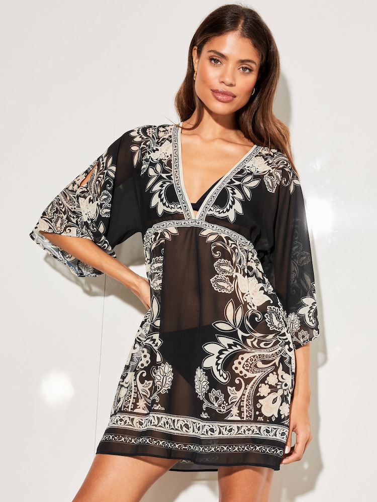 Lipsy Black/White Printed V Neck Cover Up Kaftan - Image 1 of 4 Lipsy Black/White Printed V Neck Cover Up Kaftan - Image 1 of 4