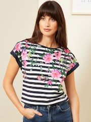 Love & Roses Navy Blue Stripe Floral Crew Neck Woven Trim Linen Look Jersey T-Shirt - Image 1 of 4