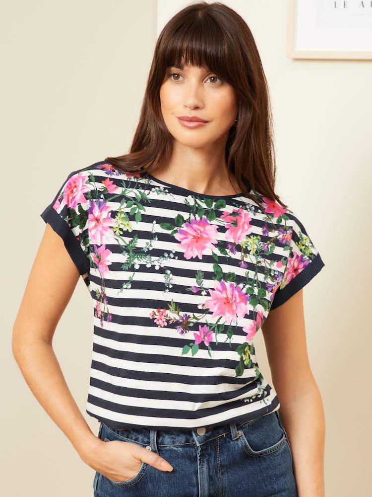 Love & Roses Navy Blue Stripe Floral Crew Neck Woven Trim Linen Look Jersey T-Shirt - Image 1 of 4
