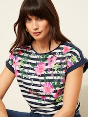 Love & Roses Navy Blue Stripe Floral Crew Neck Woven Trim Linen Look Jersey T-Shirt - Image 2 of 4
