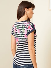Love & Roses Navy Blue Stripe Floral Crew Neck Woven Trim Linen Look Jersey T-Shirt - Image 3 of 4