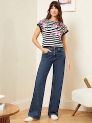 Love & Roses Navy Blue Stripe Floral Crew Neck Woven Trim Linen Look Jersey T-Shirt - Image 4 of 4