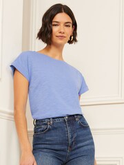 Love & Roses Pale Blue Crew Neck Woven Trim Linen Look Jersey T-Shirt - Image 1 of 4