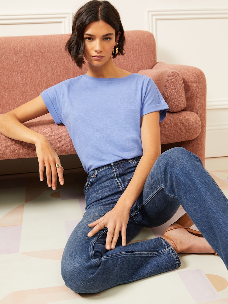 Love & Roses Pale Blue Crew Neck Woven Trim Linen Look Jersey T-Shirt - Image 4 of 4