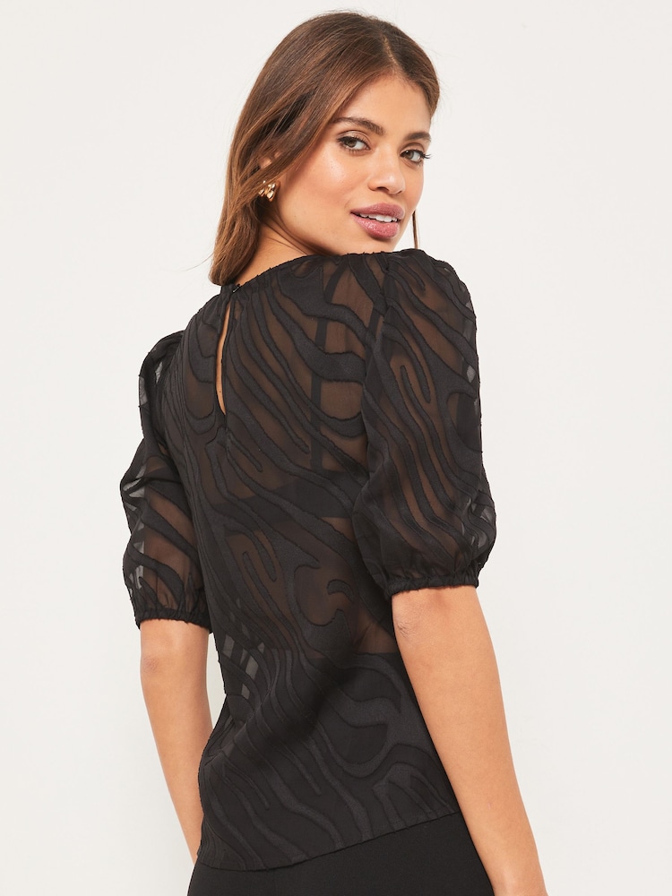 Lipsy Black Zebra Printed Short Puff Sleeve Top - Image 2 of 4