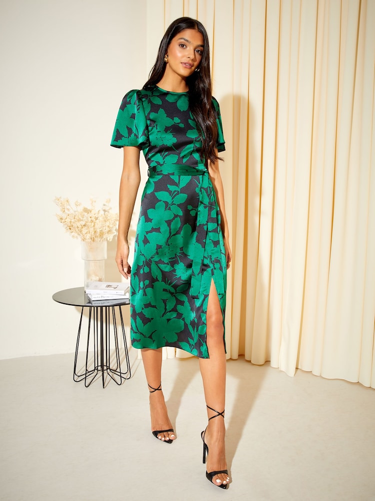 Friends Like These Dark Green Floral Petite Flutter Sleeve Printed Satin Midi Summer Dress - Image 1 of 4