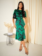 Friends Like These Dark Green Floral Petite Flutter Sleeve Printed Satin Midi Summer Dress - Image 2 of 4