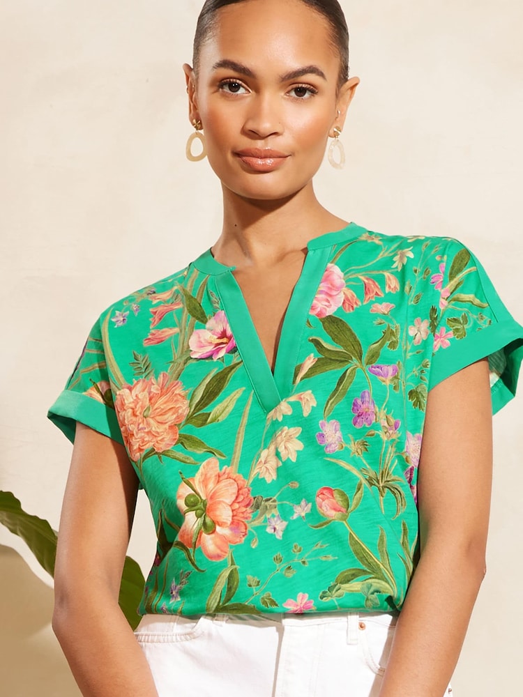 V&A | Love & Roses Green Floral V Neck Jersey Short Sleeve T-Shirt - Image 1 of 4