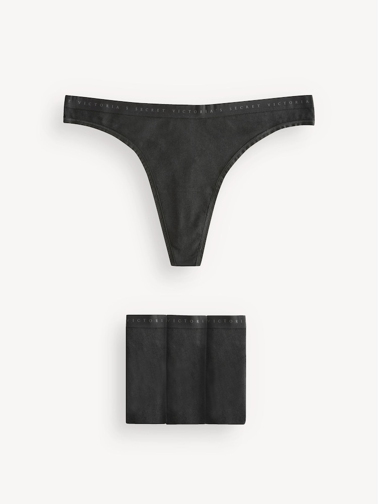 Victoria's Secret Black Thong Logo 4 Pack Knickers - Image 1 of 4