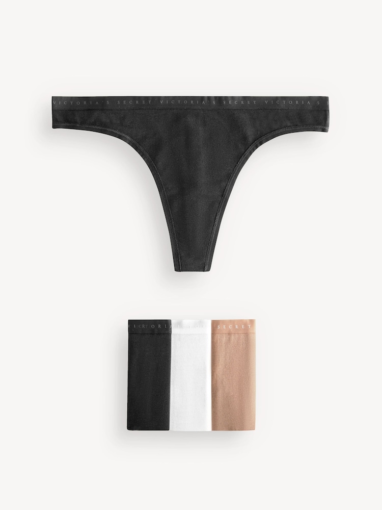 Victoria's Secret Black/White/Nude Thong Logo 4 Pack Knickers - Image 1 of 5