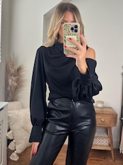 Style Cheat Black Satin Long Sleeve Top - Image 1 of 5