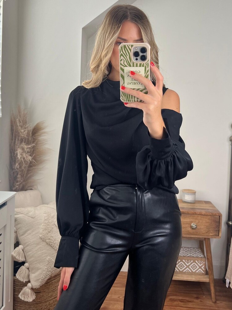 Style Cheat Black Satin Long Sleeve Top - Image 1 of 5