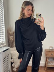 Style Cheat Black Satin Long Sleeve Top - Image 2 of 5