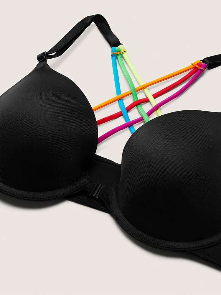 Victoria's Secret PINK Black Rainbow Trim Push Up Front Fastening T-Shirt Bra - Image 4 of 4