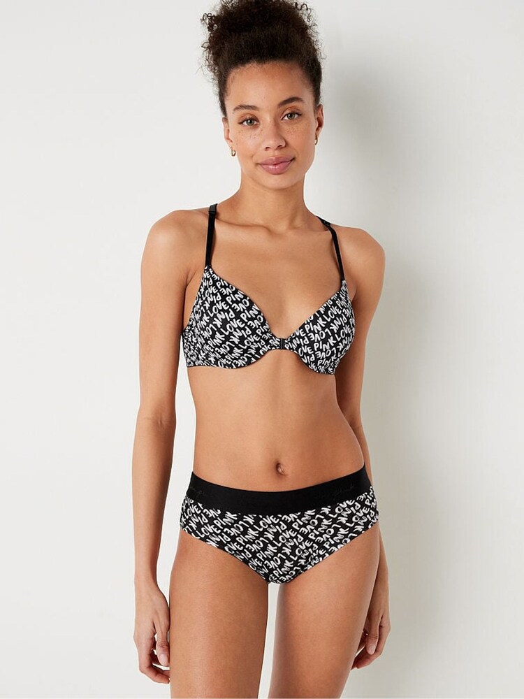 Victoria's Secret PINK Black Logo Print Push Up Front Fastening T-Shirt Bra - Image 1 of 4