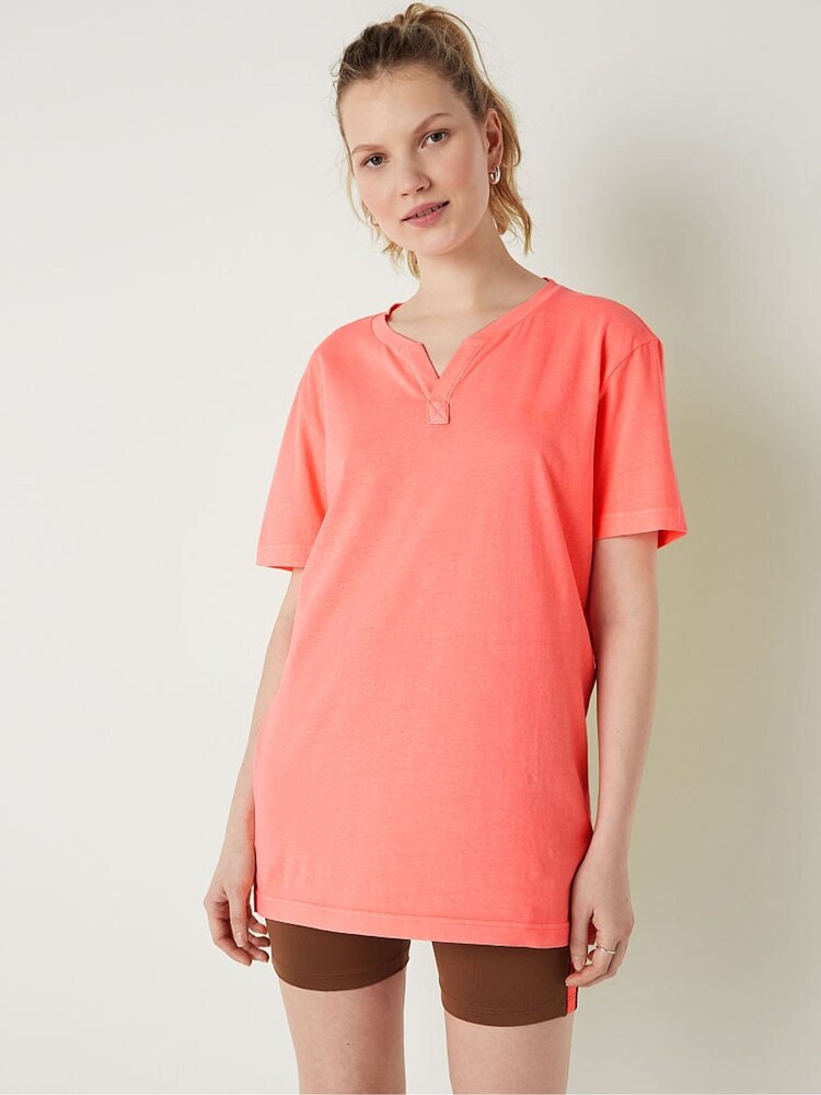 Victoria's Secret PINK Coral Flash Orange Cotton ShortSleeve Henley Campus TShirt - Image 1 of 4