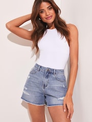 Lipsy Blue Distressed Summer Distressed Denim Shorts - Image 4 of 4