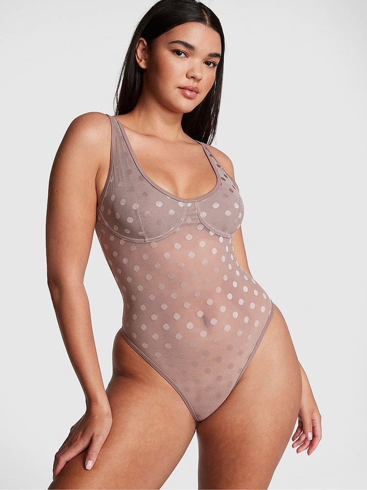 Victoria's Secret PINK Iced Coffee Brown Dot Mesh Bodysuit - Image 1 of 4 Victoria's Secret PINK Iced Coffee Brown Dot Mesh Bodysuit - Image 1 of 4