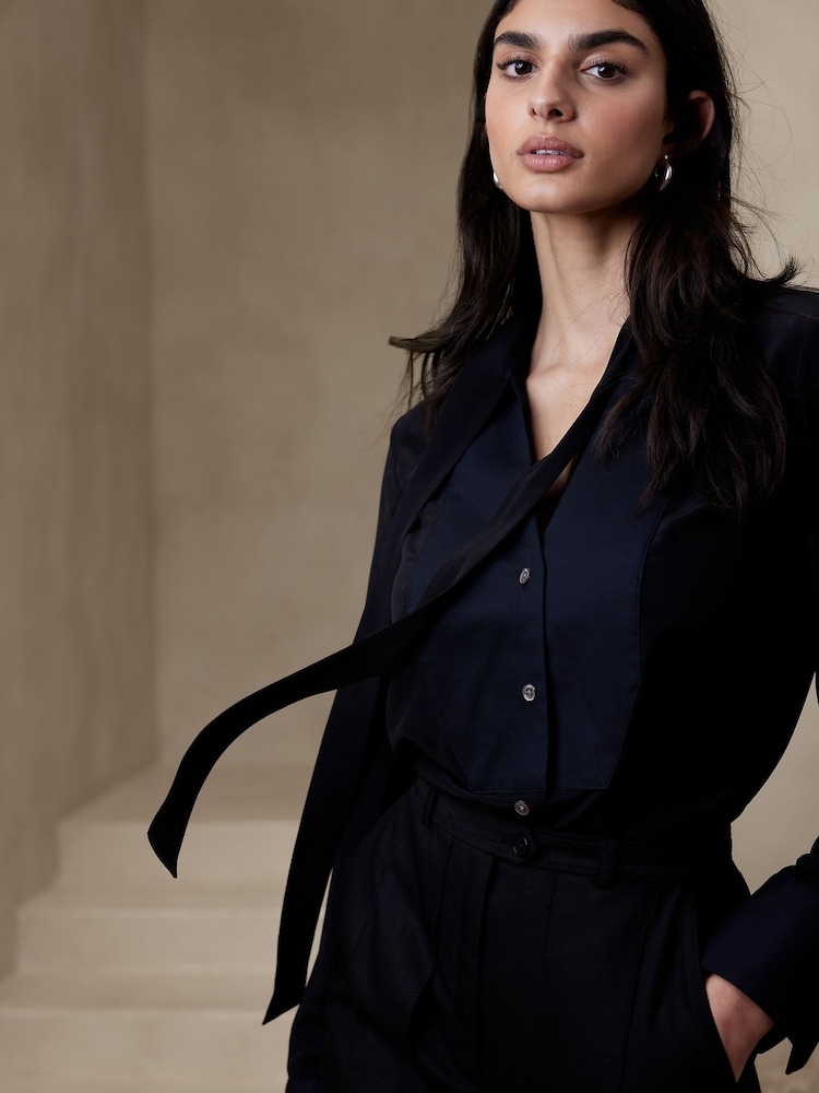 Banana Republic Black Alchemy Silk Tuxedo Longline Tunic Shirt - Image 3 of 3