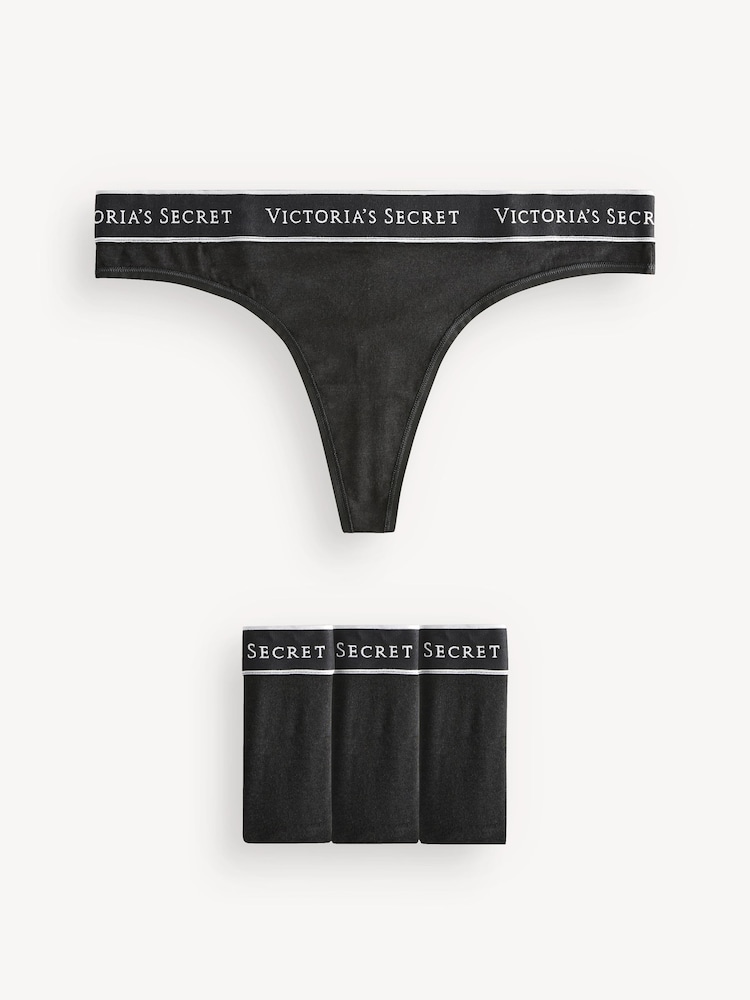 Victoria's Secret Black Thong Logo 4 Pack Knickers - Image 1 of 5