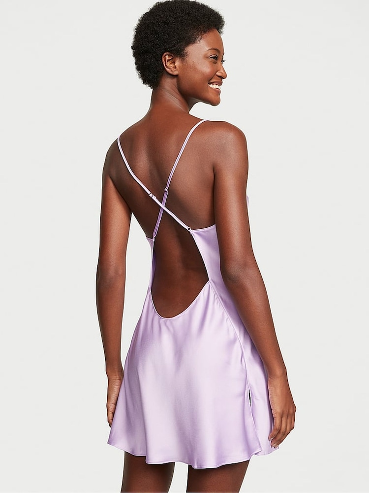 Victoria's Secret Unicorn Purple Satin Open Back Slip - Image 1 of 3 Victoria's Secret Unicorn Purple Satin Open Back Slip - Image 1 of 3