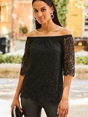 Sosandar Black Lace Bardot Top - Image 1 of 5