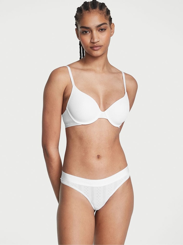 Victoria's Secret Vs White Logo Waist Pointelle Thong Panty - Image 1 of 3
