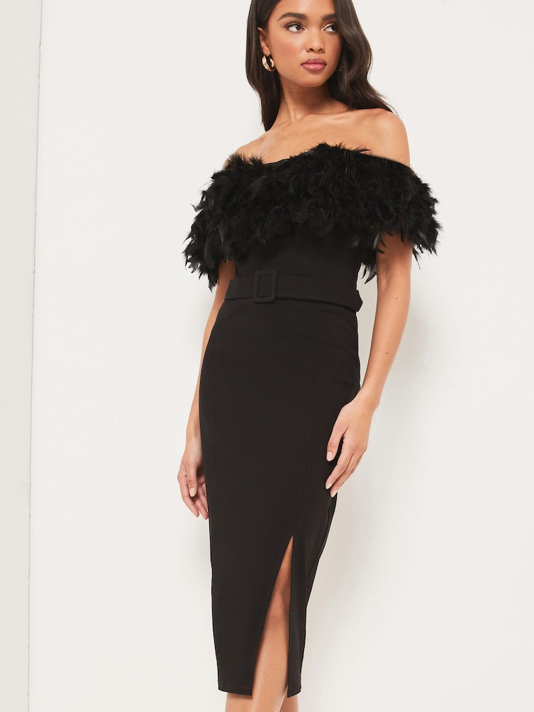 Lipsy Black Premium Feather Belted Bardot Dress - Image 1 of 4 Lipsy Black Premium Feather Belted Bardot Dress - Image 1 of 4