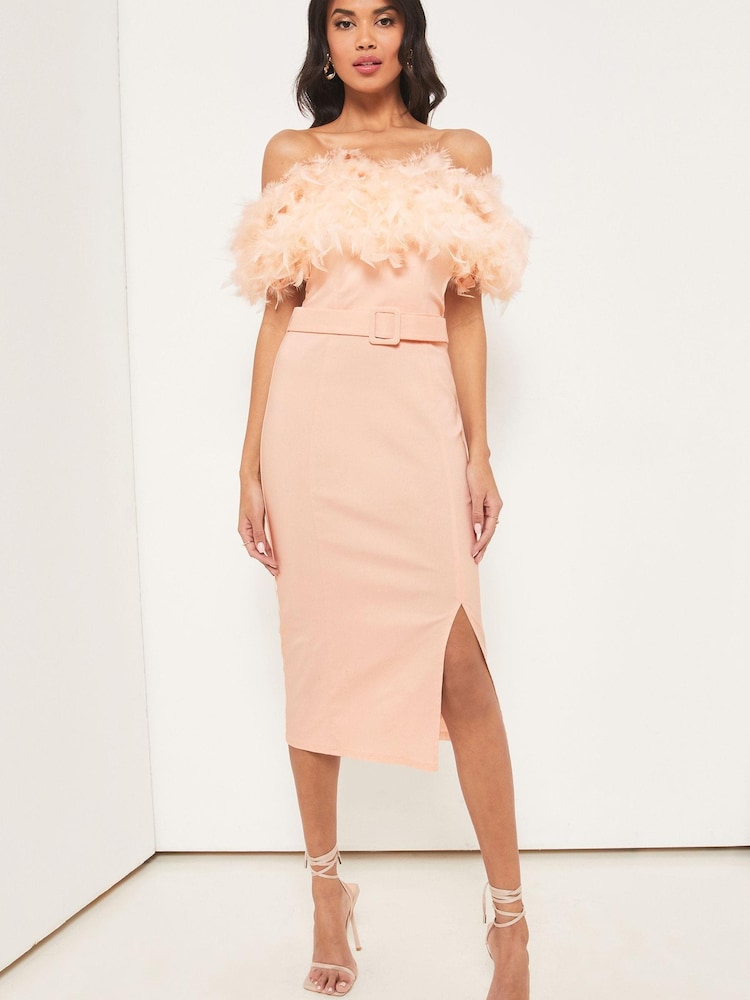 Lipsy Nude Premium Feather Belted Bardot Dress - Image 1 of 4